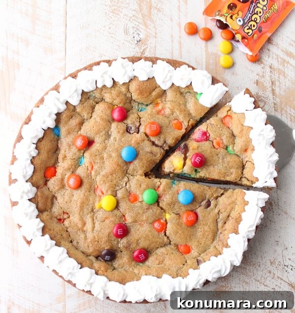The Ultimate Candy Cookie Cake recipe is perfect for Halloween, birthdays or holidays, add your favorite candy to cookie dough & bake into a tasty cake!