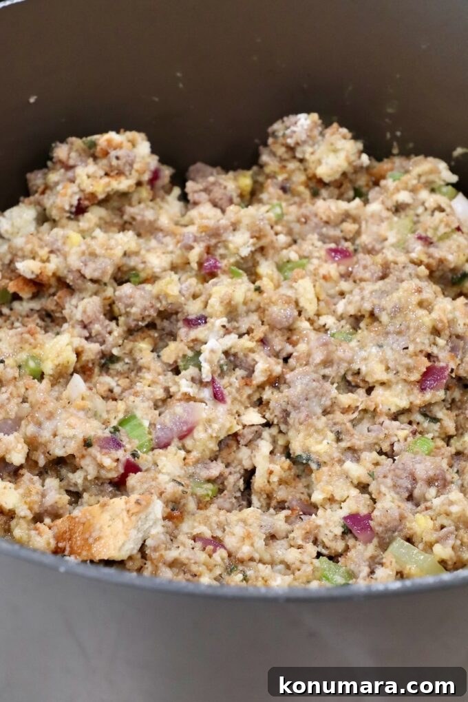 Savory Sausage Stuffing Recipe with Herbs 8 uncooked sausage stuffing in a large pot