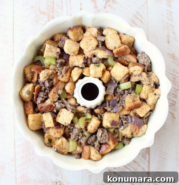 Savory Sausage Stuffing Recipe with Herbs 10 uncooked sausage stuffing in a bundt pan