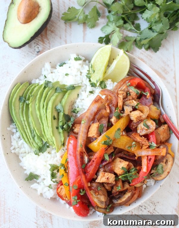 Turkey fajita rice bowl with sliced avocado