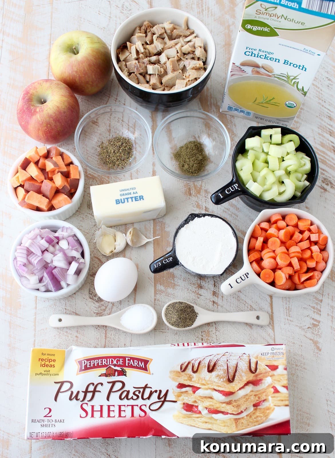 Turkey Pot Pie with Puff Pastry Crust is a delicious comfort food recipe anytime of the year, but is perfect for using up leftover turkey from Thanksgiving!