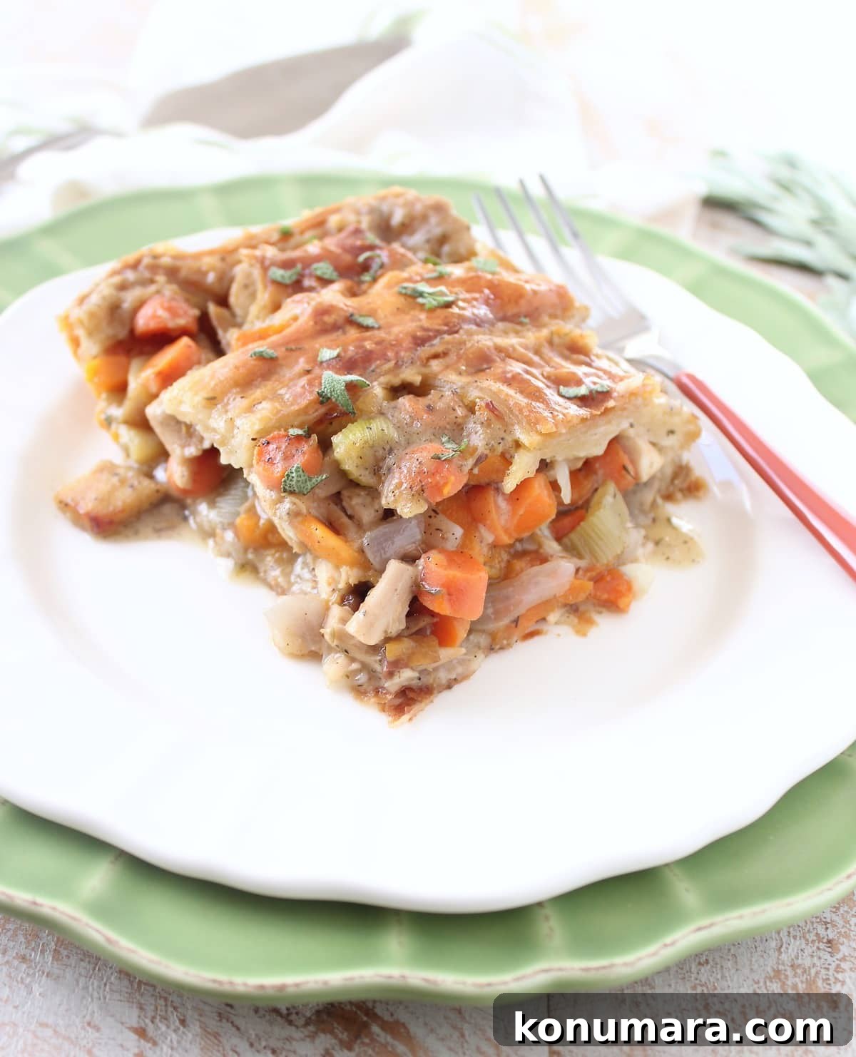Flaky Puff Pastry Turkey Pot Pie 8 slice of turkey pot pie on a plate