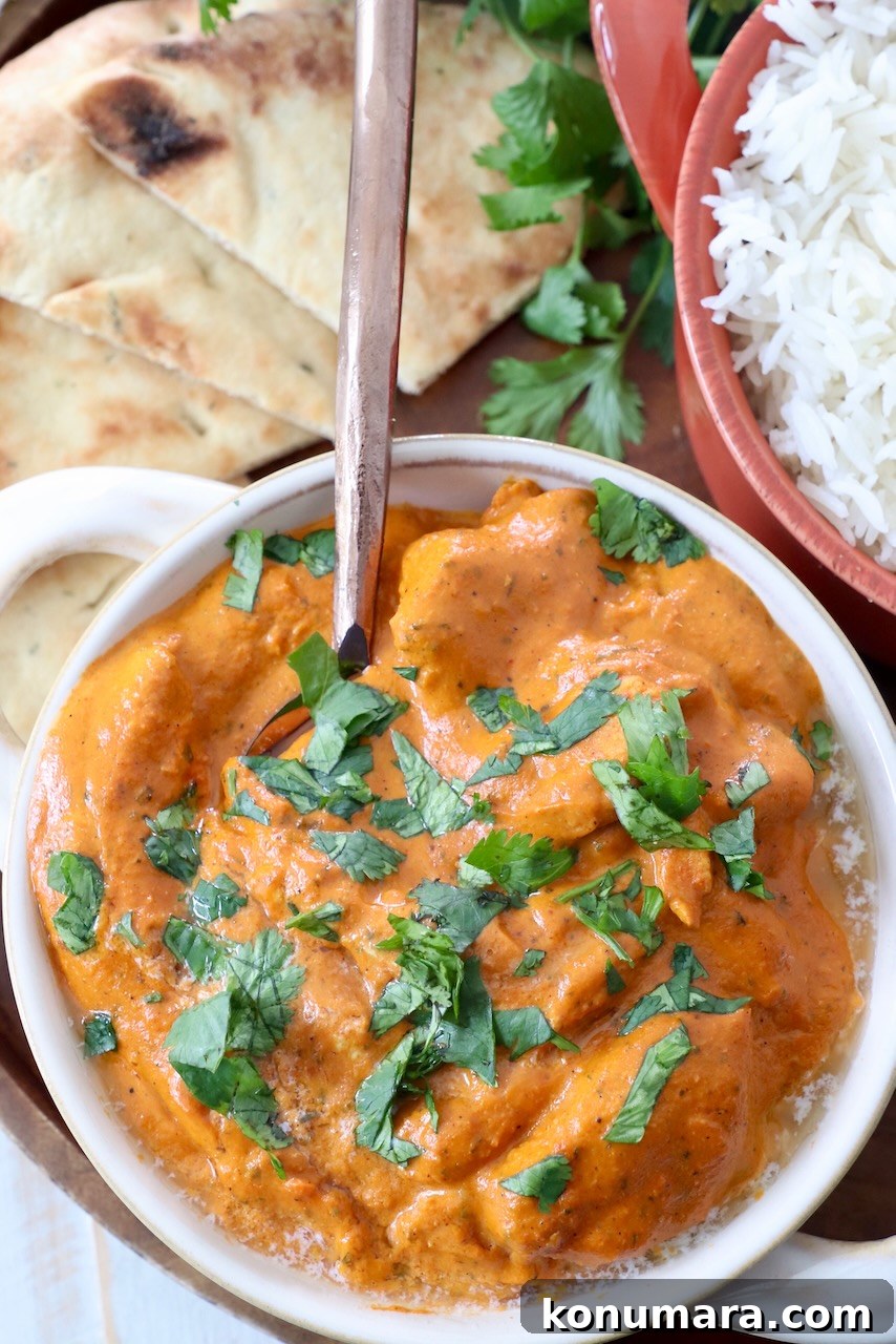 Authentic Indian Butter Chicken Recipe, Creamy and Rich 2 prepared butter chicken in bowl with spoon