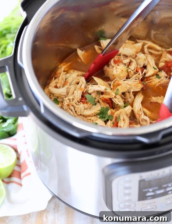 Holiday Gifts Foodies Will Love 5 Shredded taco chicken in Instant Pot with red tongs and cilantro