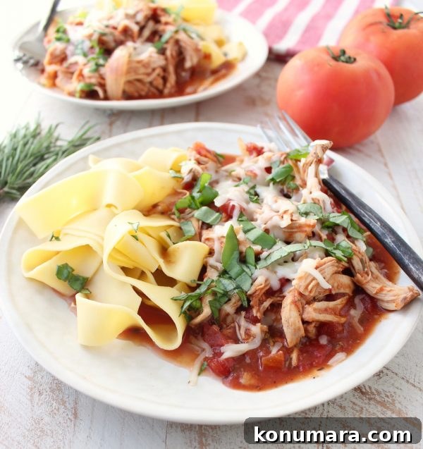 Slow Cooker Chicken Ragu Recipe with Tomatoes and Herbs 2 Shredded chicken covered in red sauce, cheese, and herbs with pasta on a white plate.