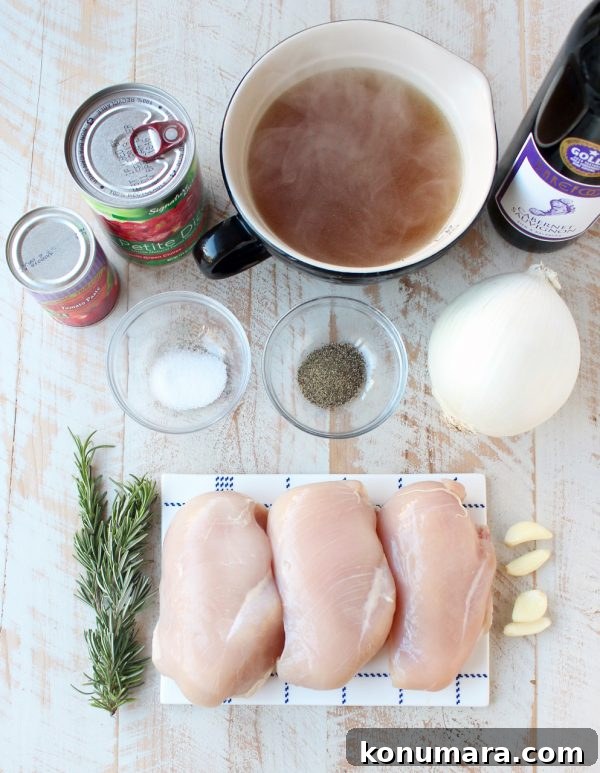 Slow Cooker Chicken Ragu Recipe with Tomatoes and Herbs 3 Ingredients for slow cooker chicken ragu on a wooden surface.