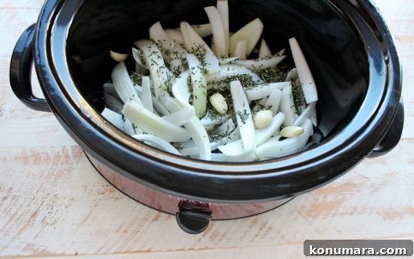 Slow Cooker Chicken Ragu Recipe with Tomatoes and Herbs 4 onion, garlic cloves and fresh rosemary in the bottom of a slow cooker.