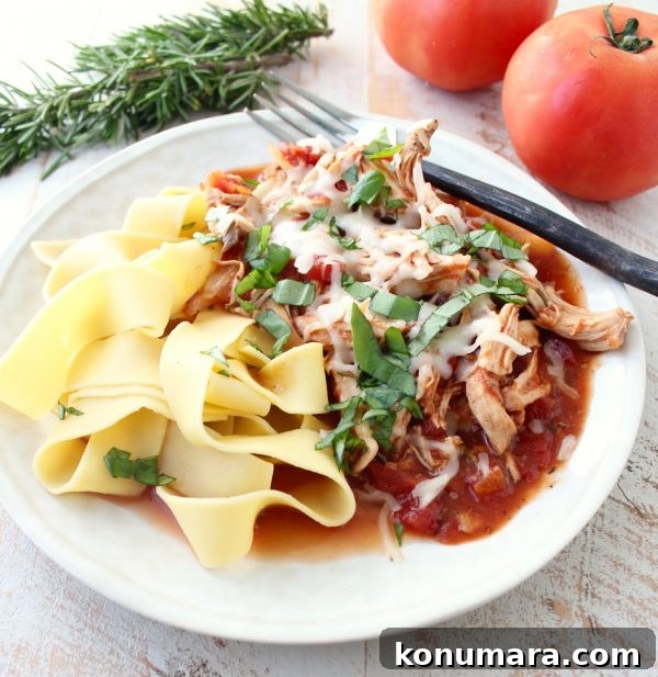 Slow Cooker Chicken Ragu Recipe with Tomatoes and Herbs 7 A white plate topped with pasta, shredded chicken in a red sauce, and melted cheese.