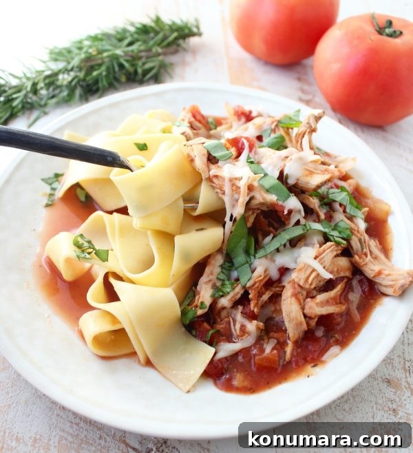 Slow Cooker Chicken Ragu Recipe with Tomatoes and Herbs 8 A white plate topped with pasta, shredded chicken in a red sauce, and melted cheese.