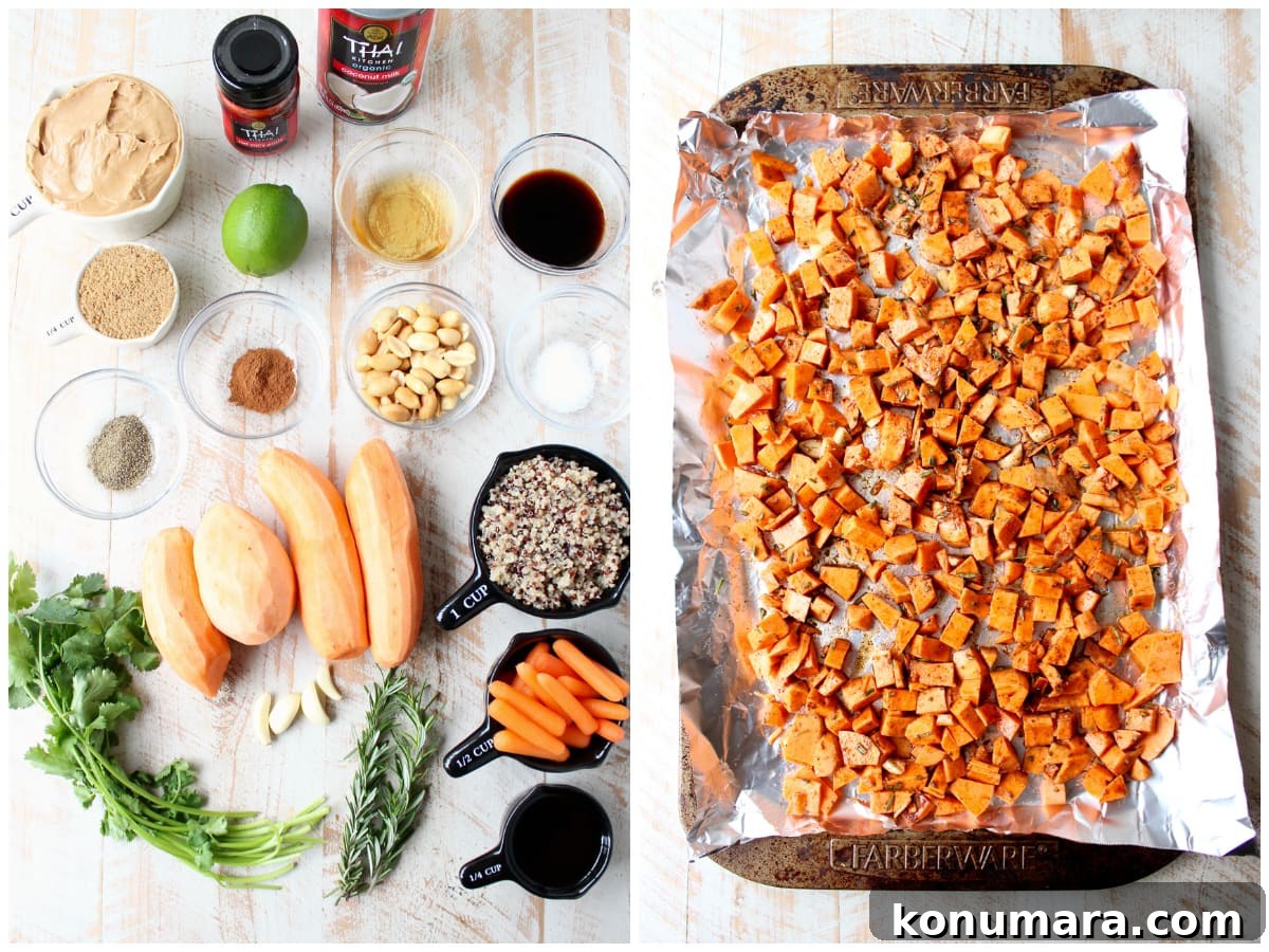 Thai Peanut Sweet Potato Buddha Bowl Recipe 4 Ingredients for sweet potato buddha bowl recipe and diced sweet potatoes on baking sheet