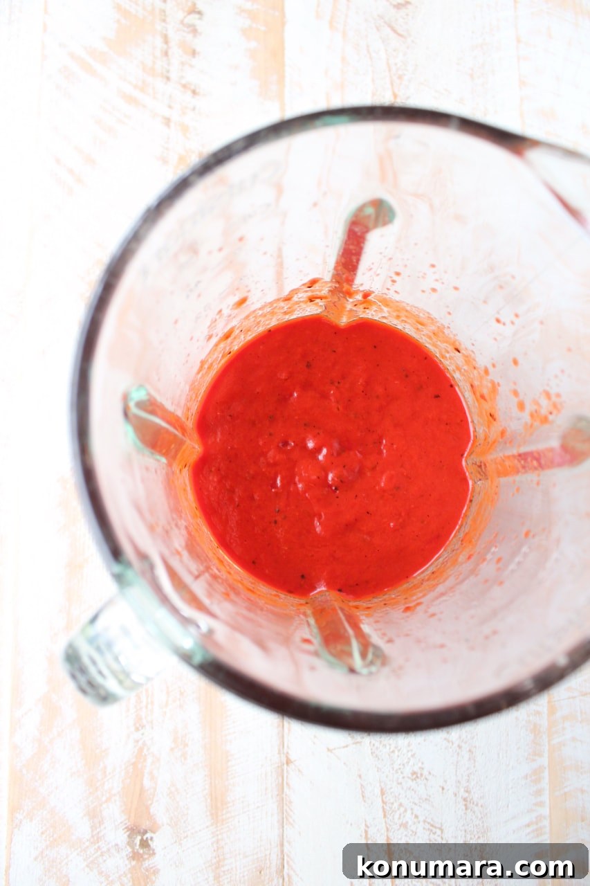 pureed roasted red peppers in a blender