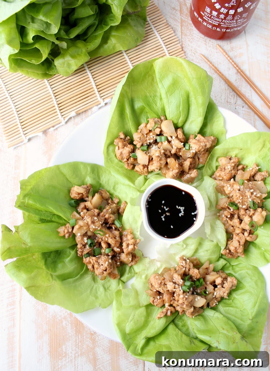lettuce wraps on a plate filled with a ground turkey mixture with a small bowl of sauce in the middle of the plate