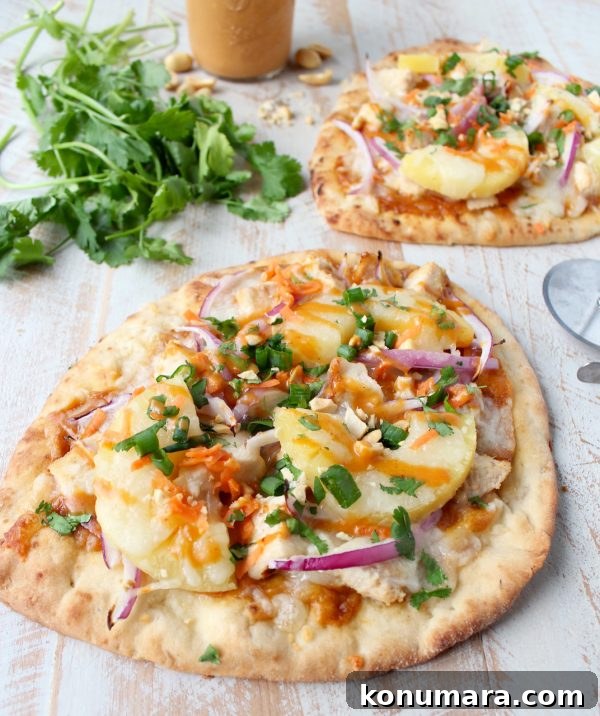 Thai Peanut Chicken Naan Pizza Recipe 3 Close up of Thai Peanut Chicken Naan Pizza