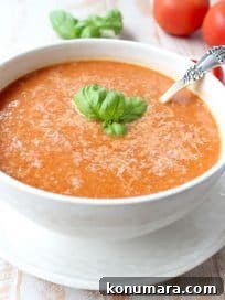 Roasted cherry tomatoes, garlic and onions are pureed into a vegan and gluten free tomato soup recipe, that's so easy to make in only 29 minutes!