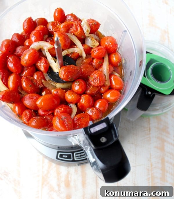 roasted cherry tomatoes in a food processor