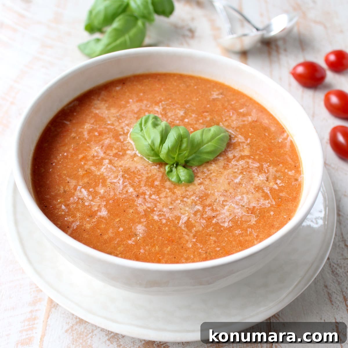 tomato soup in bowl topped with grated parmesan cheese and basil leaves