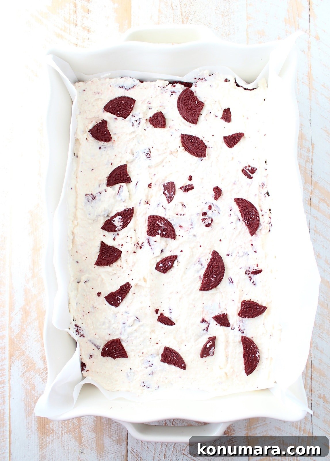 Red Velvet Oreo Cheesecake Bars Recipe 6 These delicious no bake cheesecake bars with a Red Velvet Oreo crust are sweet, decadent and can be cut into heart shapes for a cute Valentine's Day Treat!