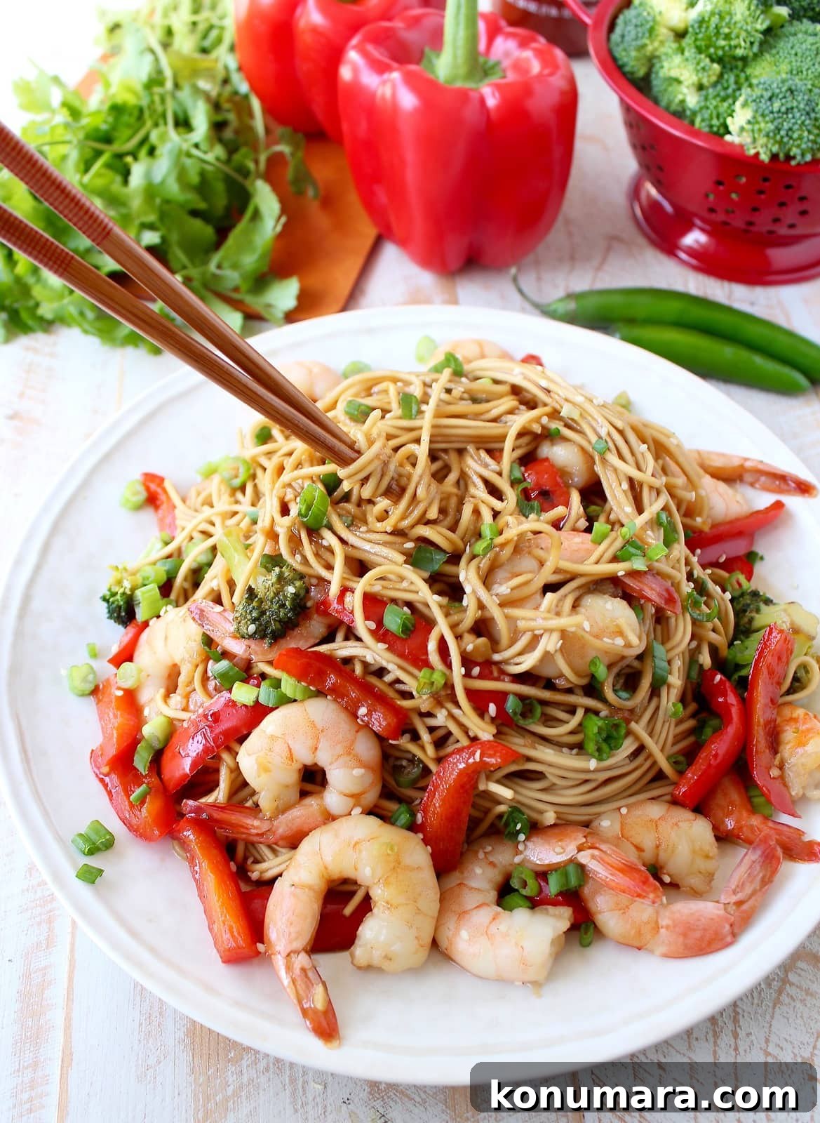 One Pot Teriyaki Shrimp Lo Mein Recipe 2 cooked shrimp, vegetables and noodles on a plate with chopsticks twirling the noodles
