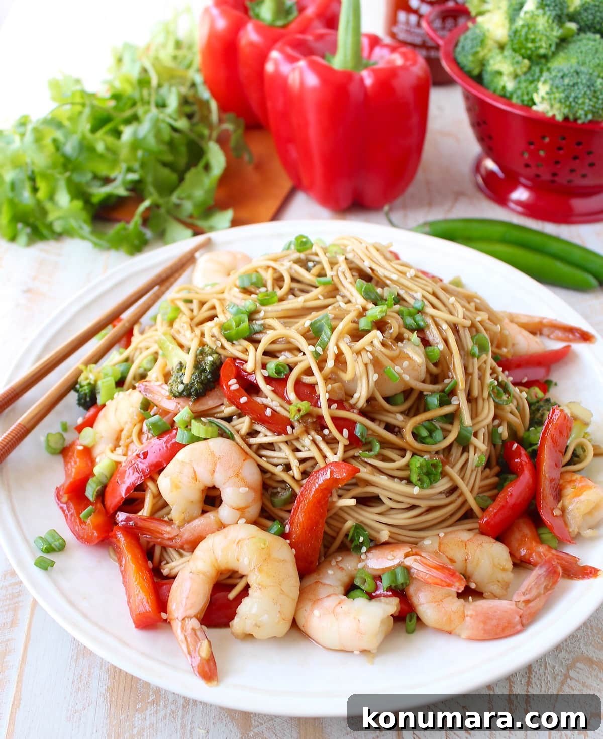 One Pot Teriyaki Shrimp Lo Mein Recipe 8 noodles tossed with shrimp, vegetables and teriyaki sauce on a plate