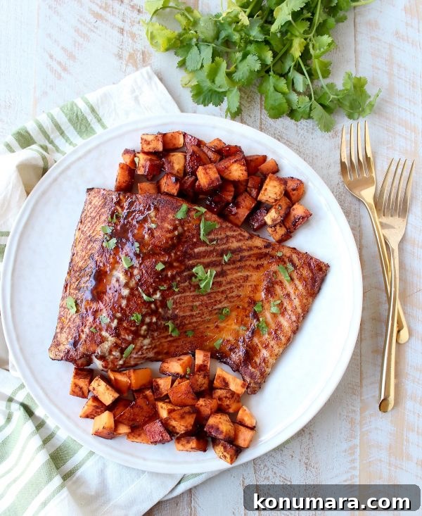 Smoky Cinnamon Chipotle Salmon Recipe 4 Roasted sweet potatoes with glazed salmon