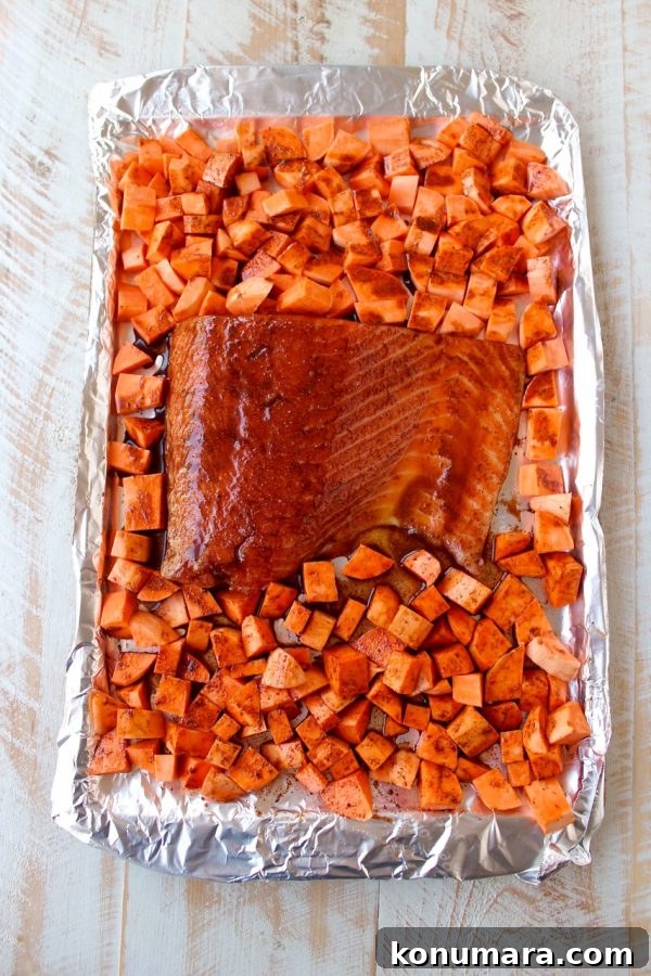 Smoky Cinnamon Chipotle Salmon Recipe 6 Plated cinnamon chipotle salmon with sweet potatoes