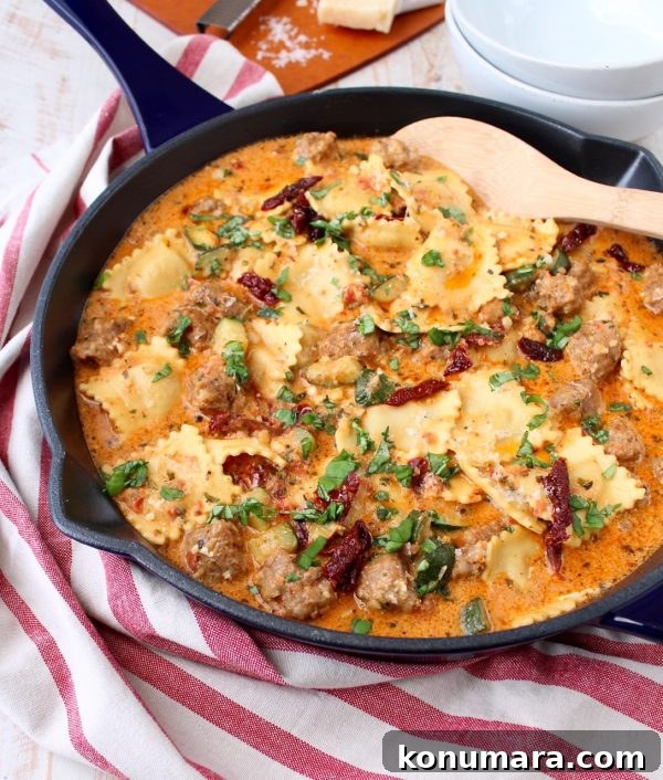 One Pot Ravioli with Creamy Pesto Sauce & Sausage