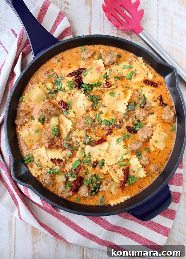 Creamy Pesto One Pot Ravioli with Sausage