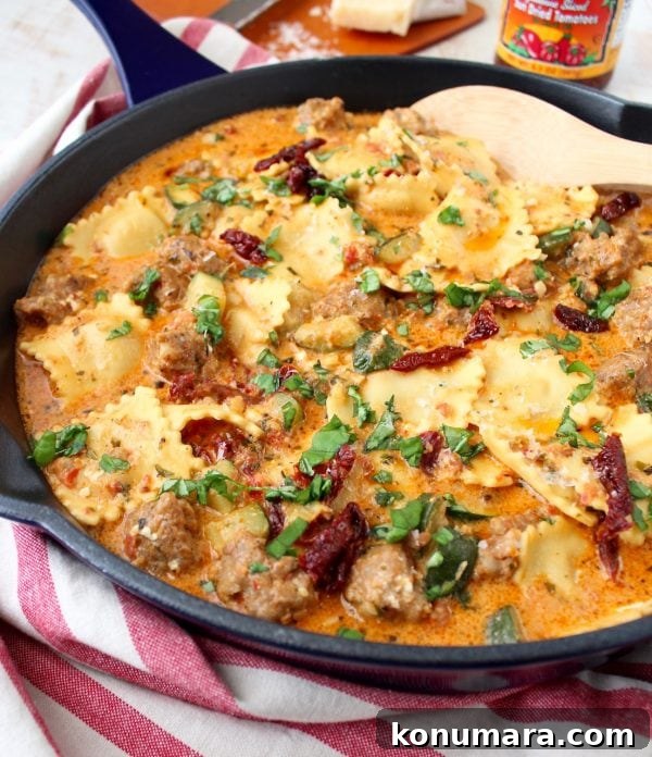 One Pot Ravioli with Creamy Pesto Sauce & Sausage