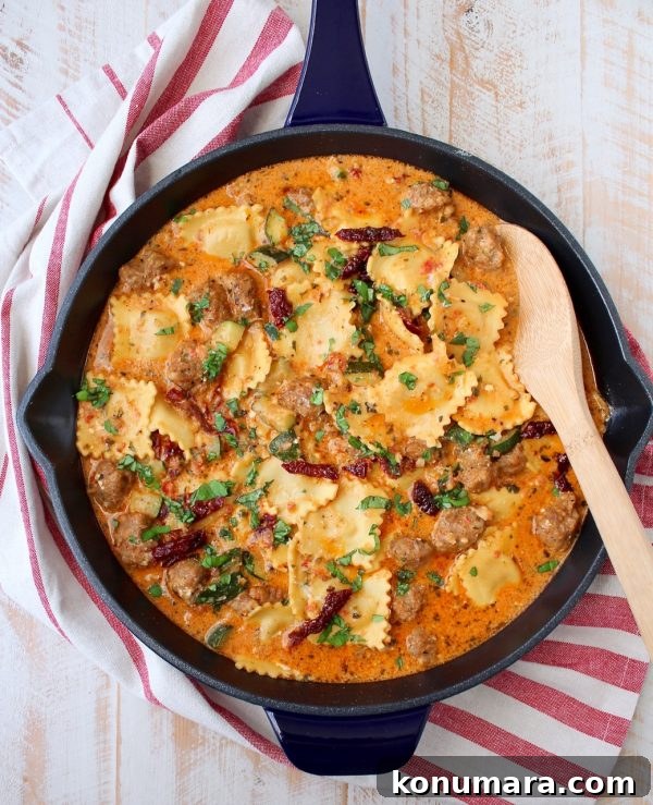 One Pot Pasta Sausage Pesto and Cheese Ravioli