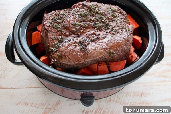 Pot roast plated with vegetables