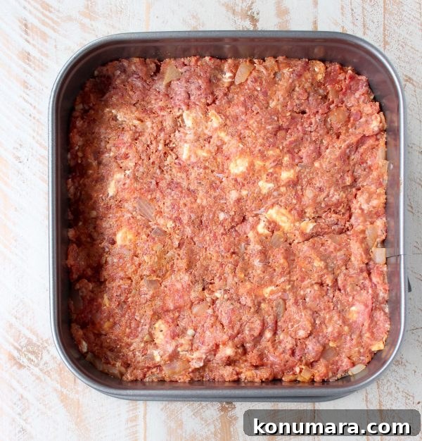Buffalo-Style Cheesy Meatloaf Recipe 5 meatloaf mixture pressed into square pan