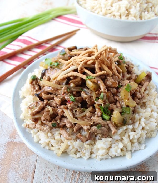 This easy Chinese Pork Chop Suey recipe combines pork, veggies & a delicious Asian sauce, served over white rice, topped with crispy chow mein noodles!