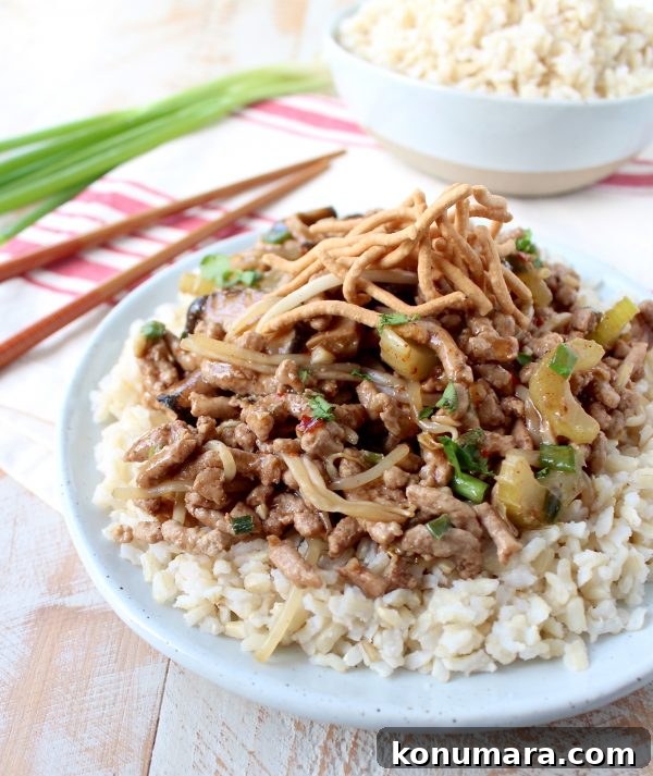 This easy Chinese Pork Chop Suey recipe combines pork, veggies & a delicious Asian sauce, served over white rice, topped with crispy chow mein noodles!