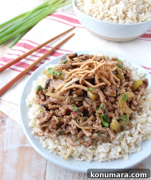 This easy Chinese Pork Chop Suey recipe combines pork, veggies & a delicious Asian sauce, served over white rice, topped with crispy chow mein noodles!