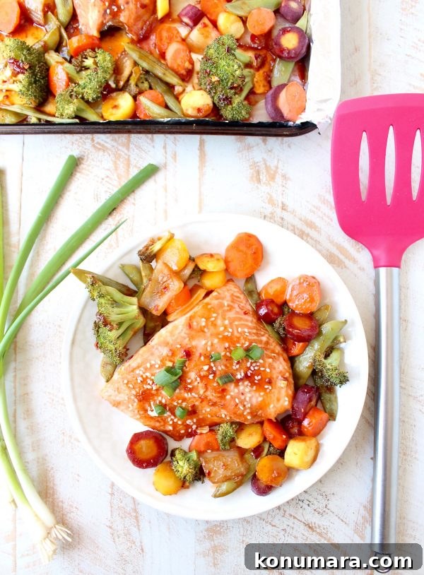 Sheet-Pan Salmon with Thai Sweet Chili Glaze 3 Salmon and vegetables on a sheet pan ready for the oven