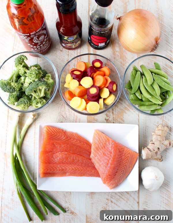 Sheet-Pan Salmon with Thai Sweet Chili Glaze 4 Finished Thai sweet chili salmon served with veggies