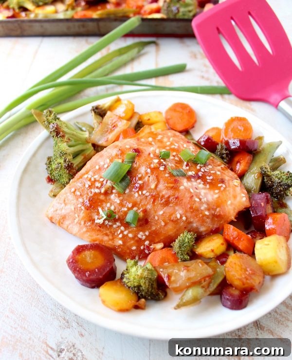 Sheet-Pan Salmon with Thai Sweet Chili Glaze 6 Finished sheet pan meal ready to serve