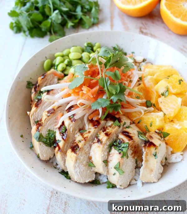 Flavorful Asian Chicken Rice Bowls for Quick Weeknight Meals 3 Prepared Healthy Asian Chicken Rice Bowl with sesame ginger chicken, oranges and almonds