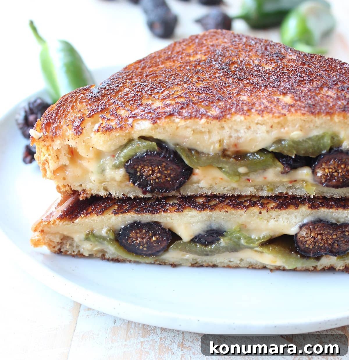 Fig and Jalapeno Grilled Cheese Recipe 2 Fig and jalapeño grilled cheese sandwich with roasted jalapeños and dried figs