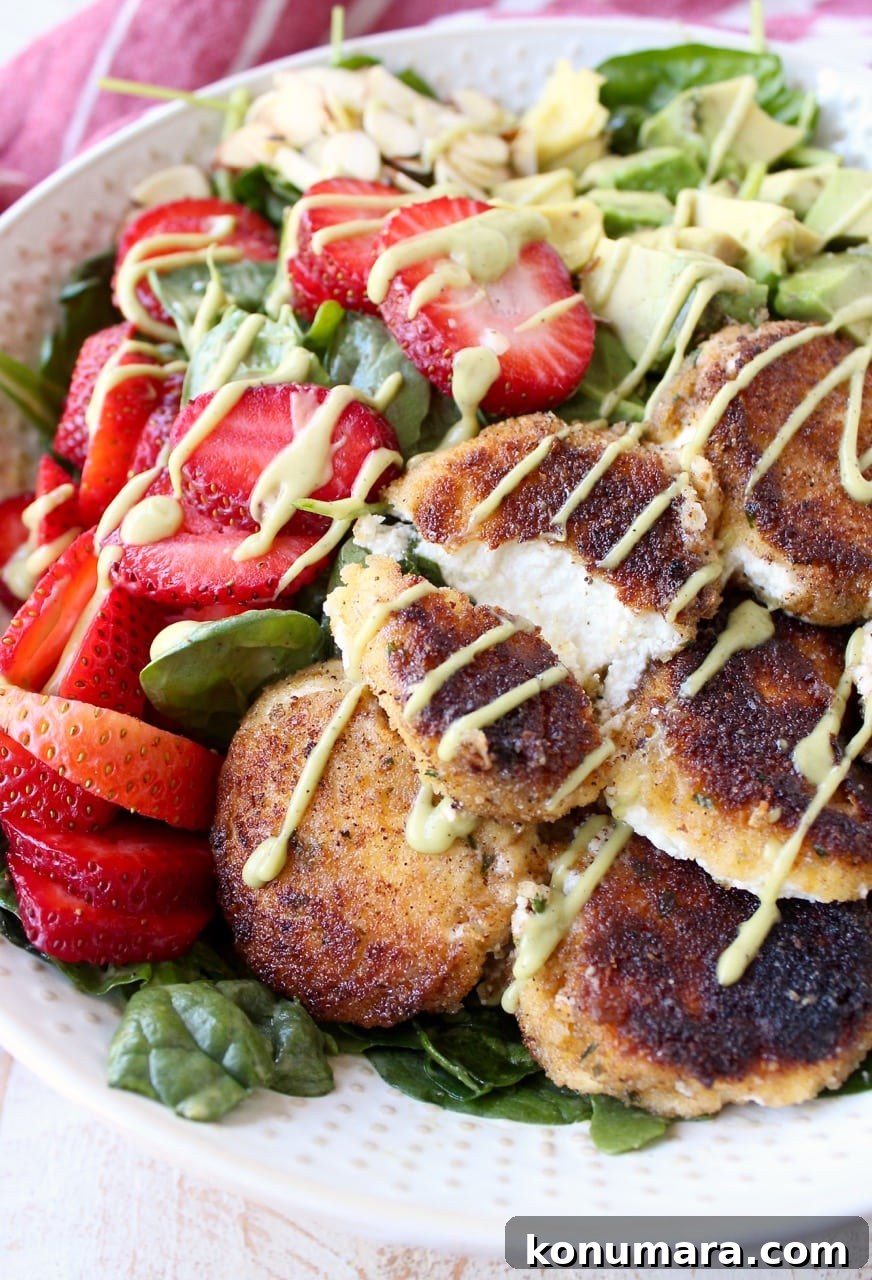 Strawberry Avocado Salad with Crispy Goat Cheese 10 Crispy goat cheese, creamy avocado & juicy strawberries top spinach & arugula, tossed with avocado vinaigrette, for the perfect vegetarian Spring salad!