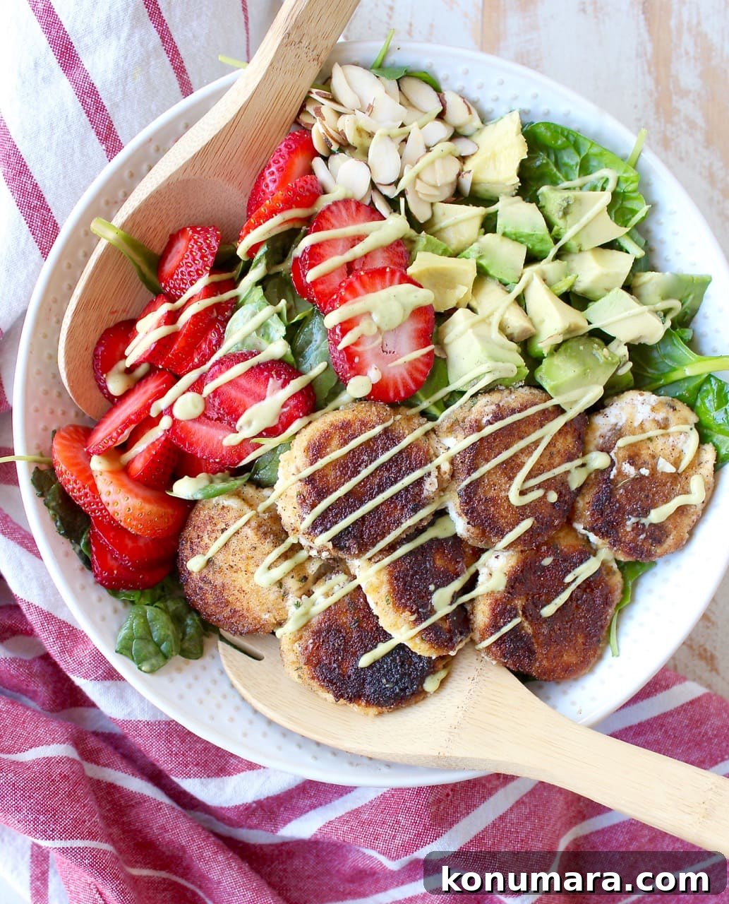 Strawberry Avocado Salad with Crispy Goat Cheese 9 Crispy goat cheese, creamy avocado & juicy strawberries top spinach & arugula, tossed with avocado vinaigrette, for the perfect vegetarian Spring salad!