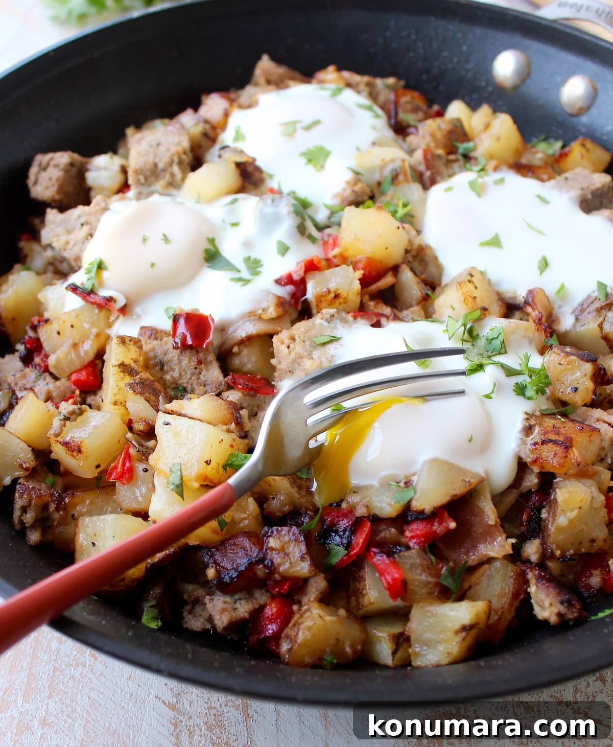 Leftover Bacon Wrapped Meatloaf transformed into Meatloaf Hash with potatoes, onions & eggs
