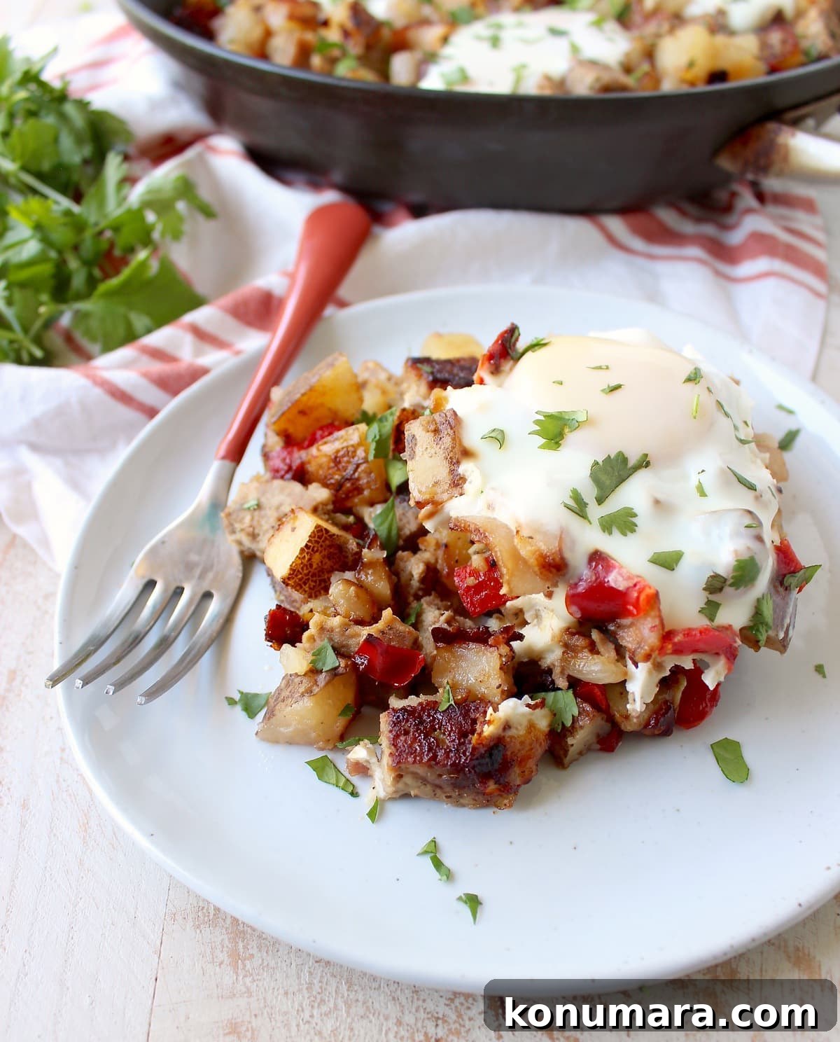 Meatloaf Hash plated with eggs and peppers