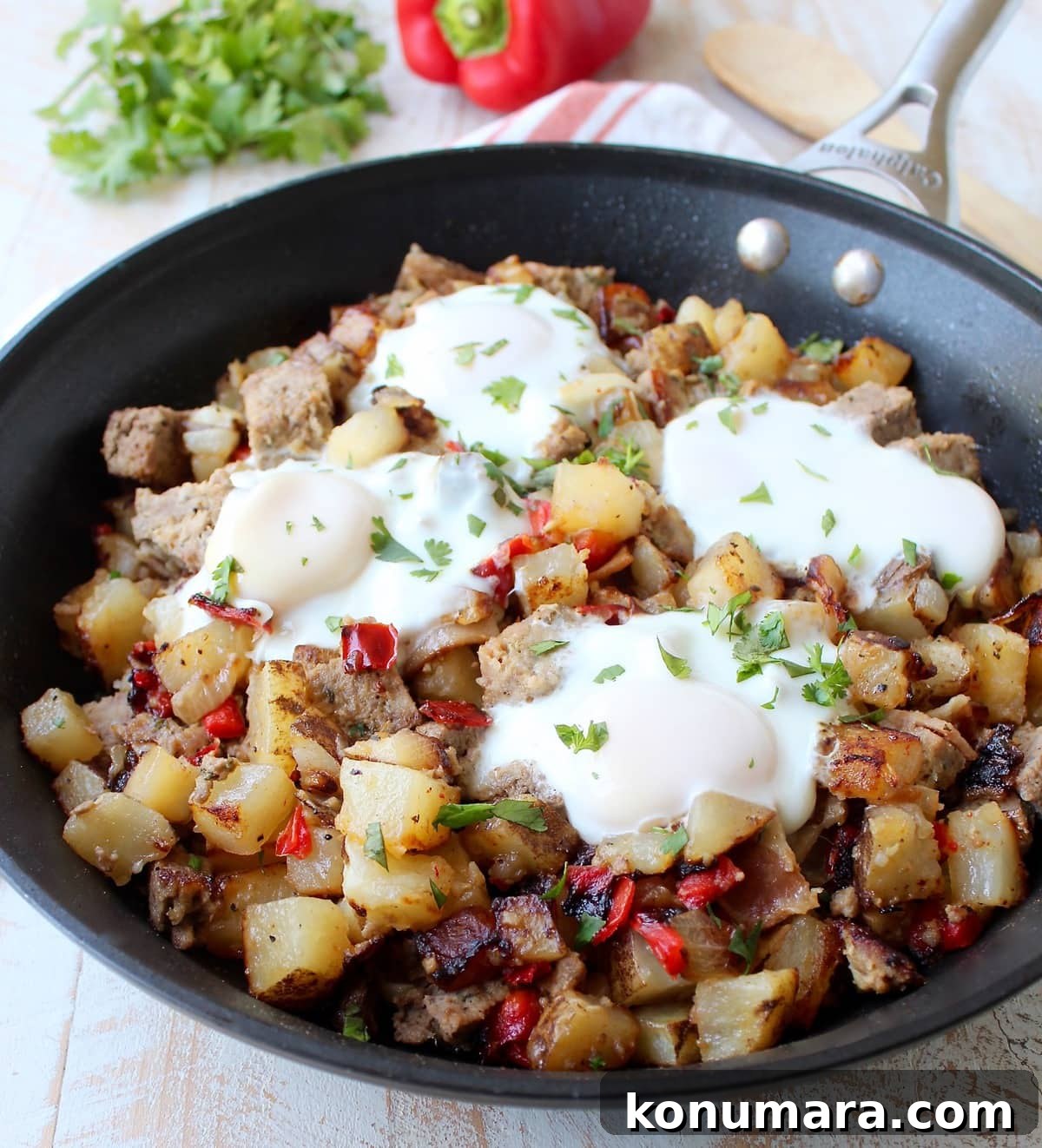 Closeup of meatloaf hash with potatoes and peppers