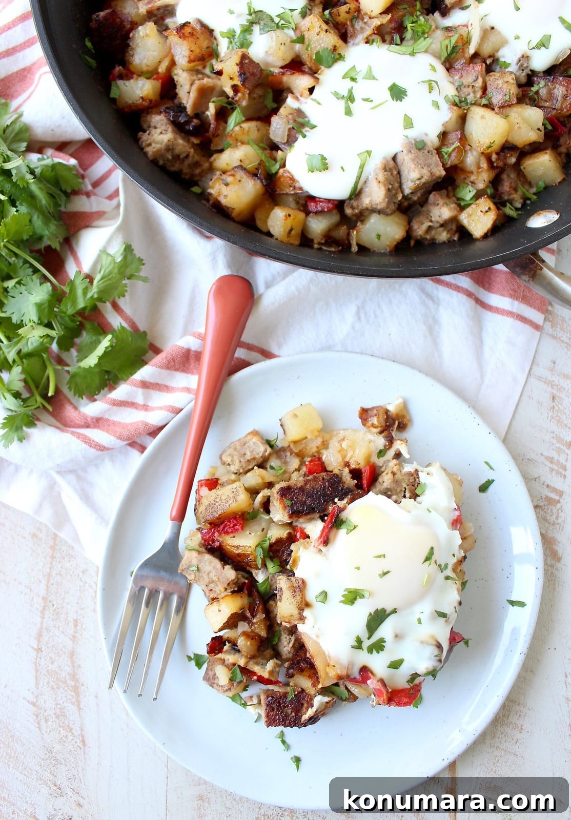 Skillet breakfast hash with meatloaf and eggs