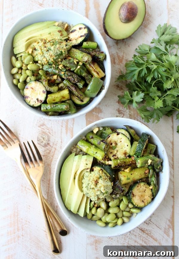 Vegan Grilled Vegetable Buddha Bowl with Tahini Dressing 2 The Green Vegan Buddha Bowl is filled with grilled veggies, green tahini sauce, avocado & quinoa for a healthy, filling meal that's also gluten free!