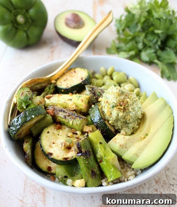 Vegan Grilled Vegetable Buddha Bowl with Tahini Dressing 3 The Green Vegan Buddha Bowl is filled with grilled veggies, green tahini sauce, avocado & quinoa for a healthy, filling meal that's also gluten free!