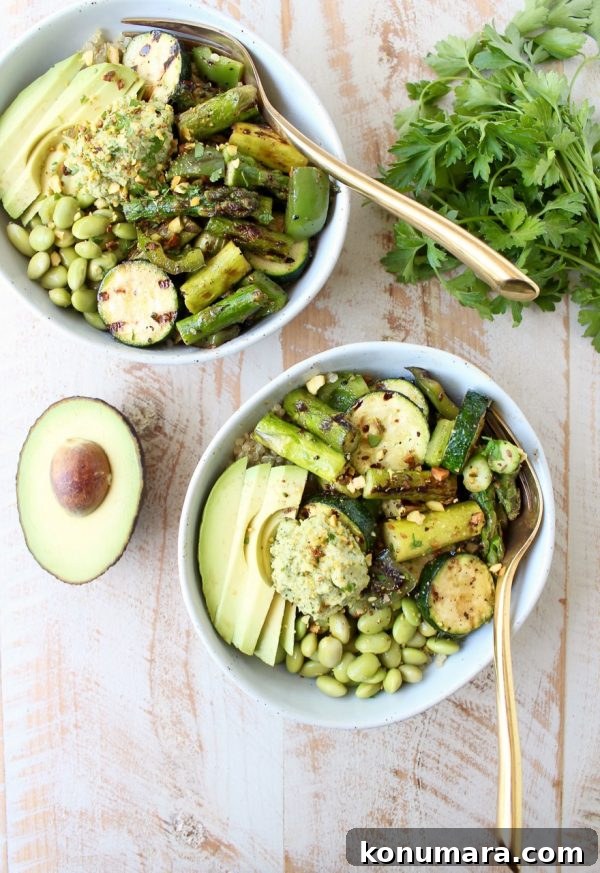 Vegan Grilled Vegetable Buddha Bowl with Tahini Dressing 4 The Green Vegan Buddha Bowl is filled with grilled veggies, green tahini sauce, avocado & quinoa for a healthy, filling meal that's also gluten free!