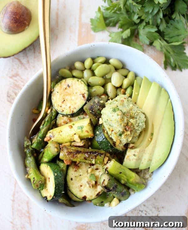 Vegan Grilled Vegetable Buddha Bowl with Tahini Dressing 5 The Green Vegan Buddha Bowl is filled with grilled veggies, green tahini sauce, avocado & quinoa for a healthy, filling meal that's also gluten free!