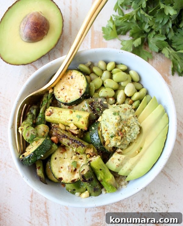 Vegan Grilled Vegetable Buddha Bowl with Tahini Dressing 7 The Green Vegan Buddha Bowl is filled with grilled veggies, green tahini sauce, avocado & quinoa for a healthy, filling meal that's also gluten free!